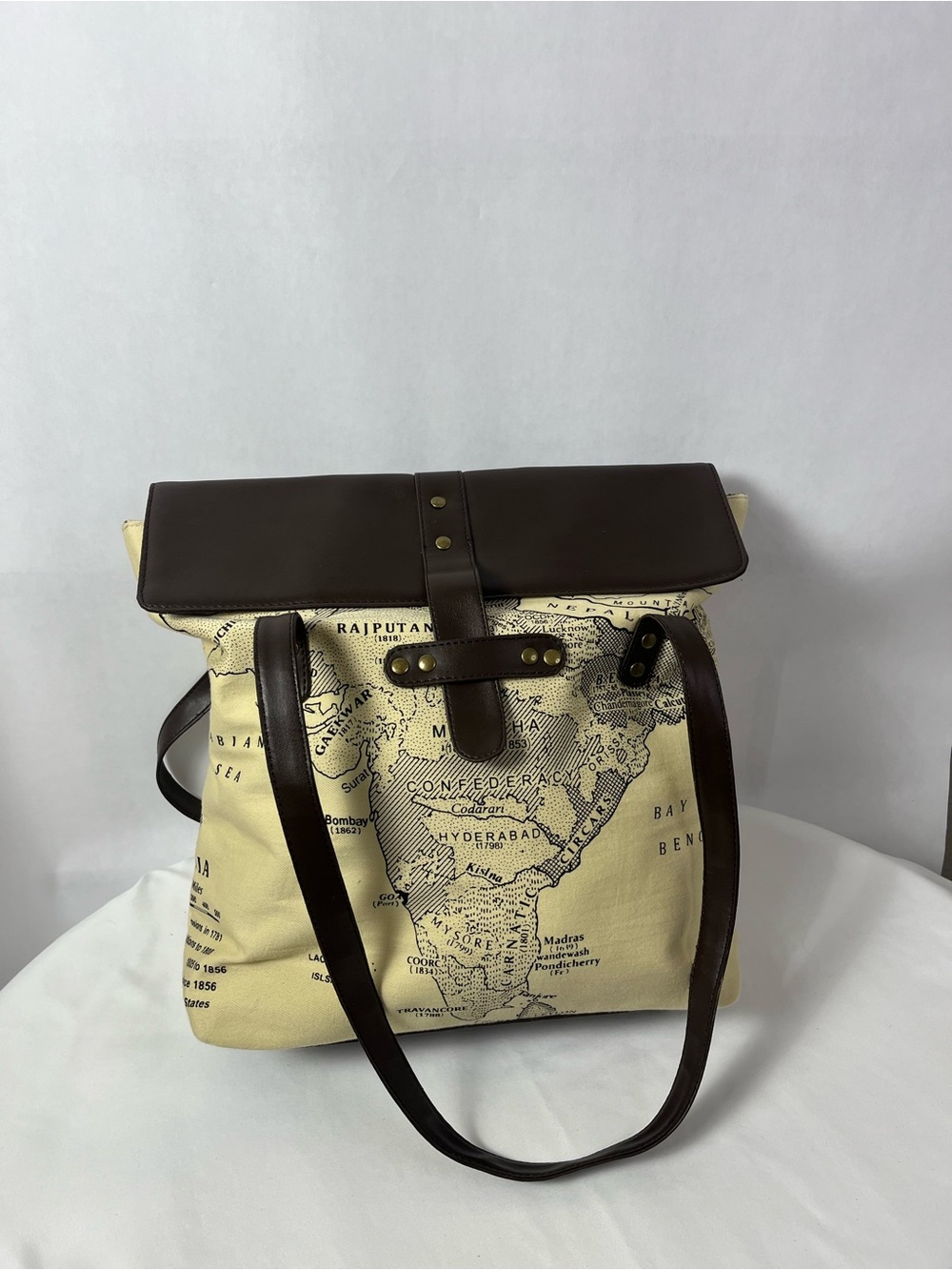 Trades of Hope Canvas Map Shoulder Bag with Dark Brown Leather Trim